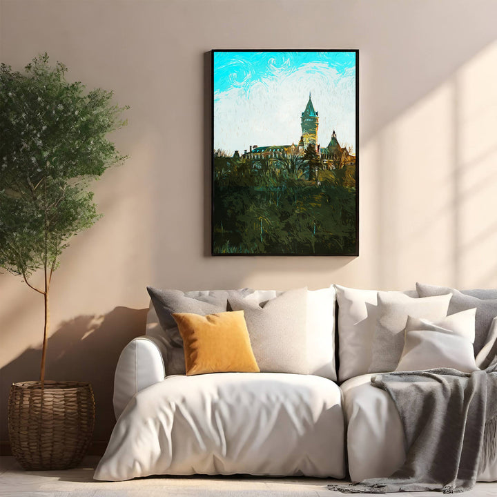 Wadi Home European castle landscape art with painterly style, featuring a castle on a green hill under a blue sky.