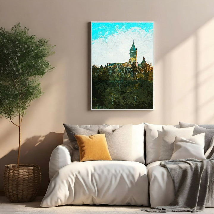 Wadi Home European castle landscape painting with blue sky and green trees, painterly style.
