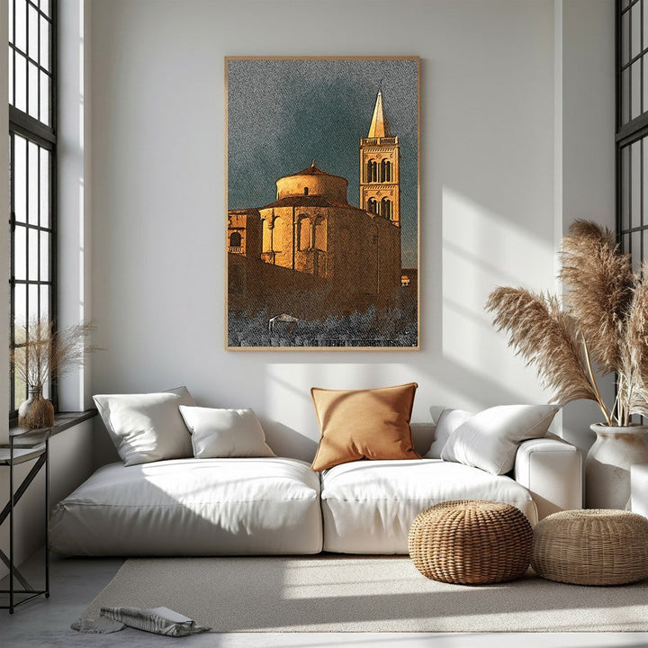 Wadi Home artwork of a European church building with a bell tower, rendered in warm golden hues against a dark sky.