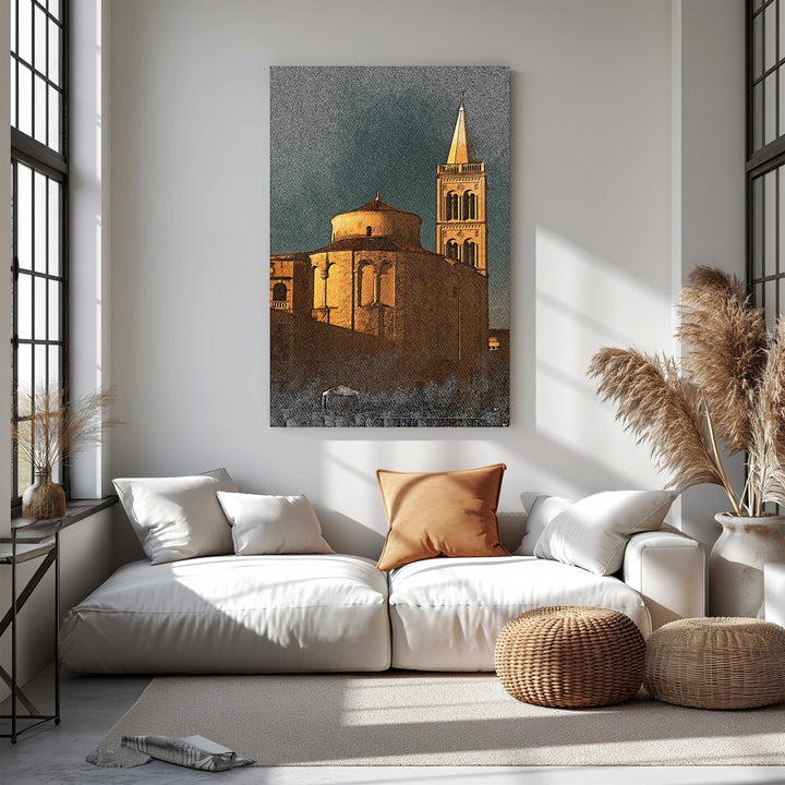 Wadi Home artwork of a European church building with a bell tower, bathed in warm golden light against a deep blue sky.
