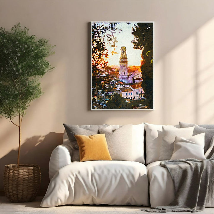 Wadi Home European cityscape wall art with tower at sunset, painterly style.