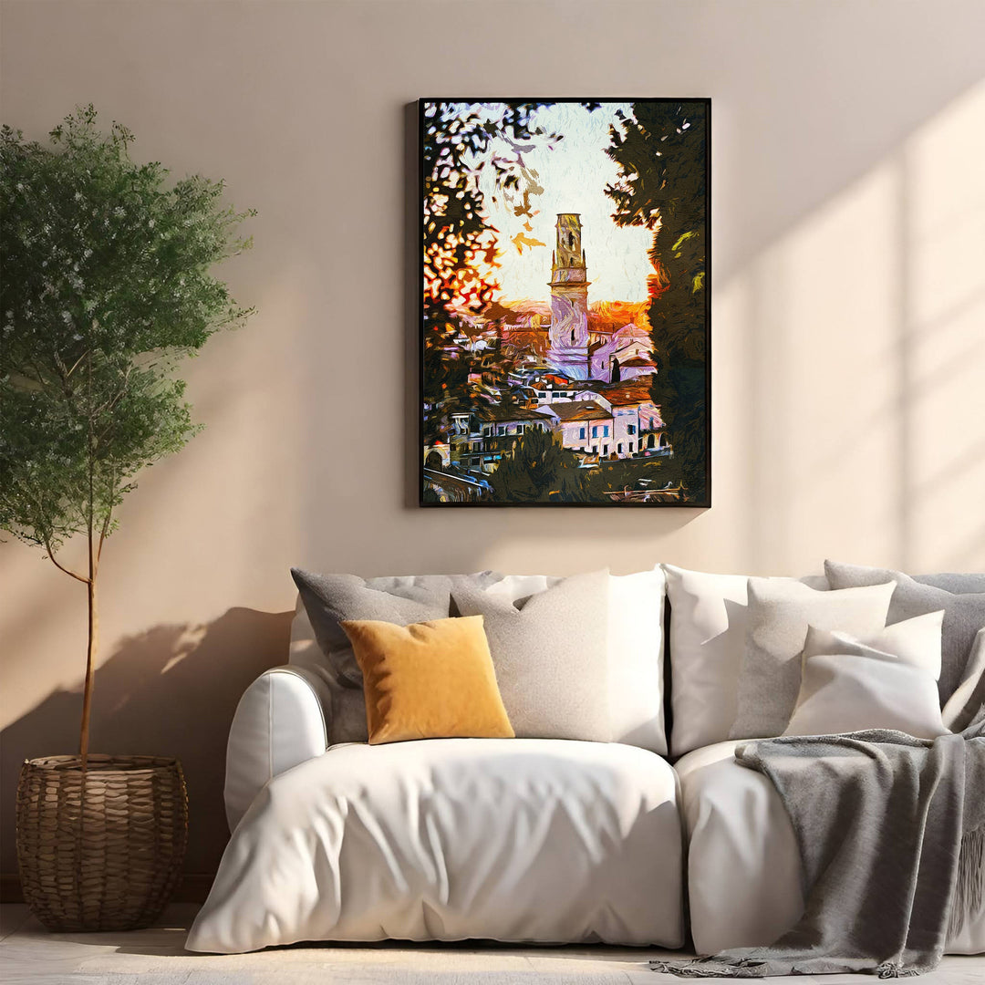 Wadi Home European cityscape wall art with a tower at sunset, painterly style.
