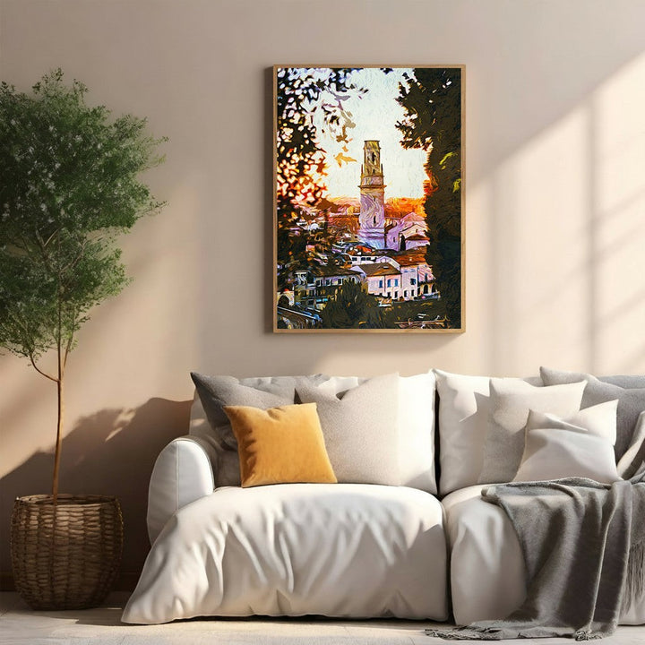 Wadi Home European cityscape wall art with tower at sunset, painterly style.