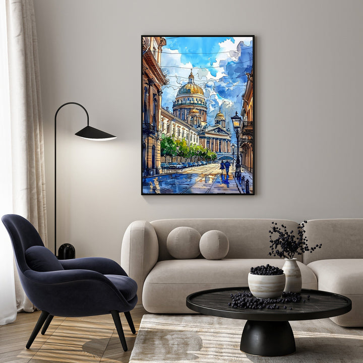 Wadi Home European cityscape watercolor art with golden domes and blue sky, depicting a street scene with architectural details and two figures walking.
