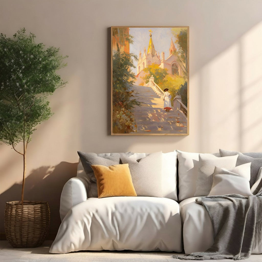 Wadi Home European staircase painting with a lone figure ascending sunlit steps towards a picturesque building.