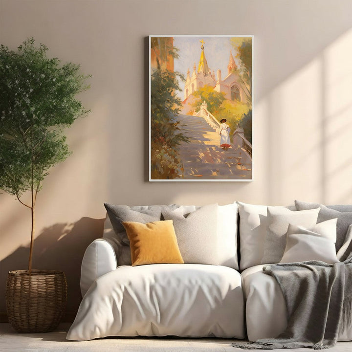 Wadi Home European staircase painting with a lone figure ascending sunlit steps towards a picturesque building.