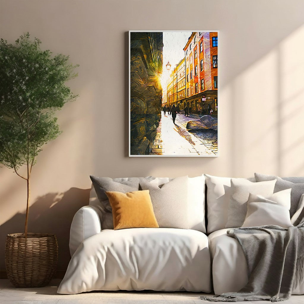 Wadi Home European city street scene wall art with golden sunlight and textured brushstrokes.