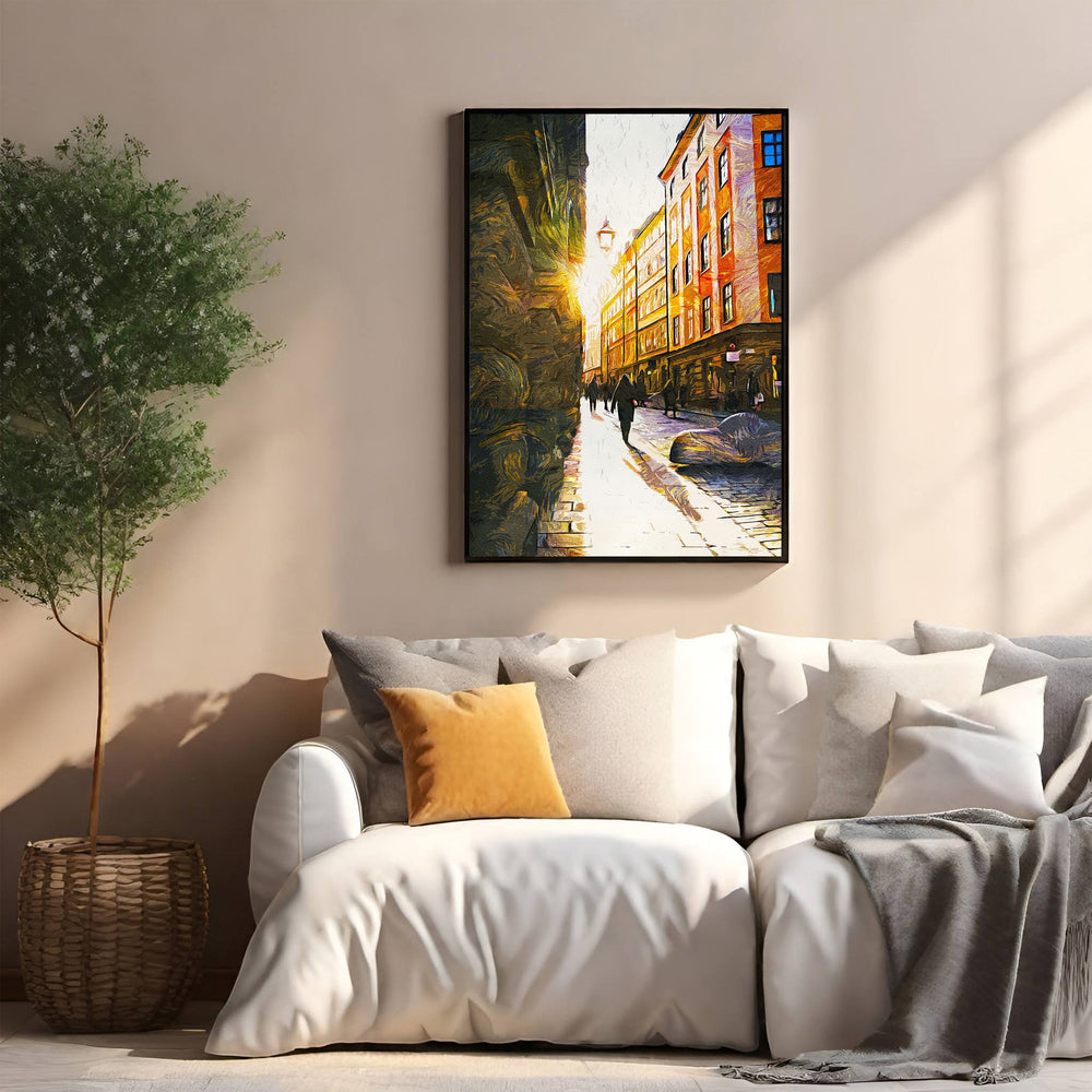 Wadi Home European city street scene wall art with golden sunlight on buildings and cobblestone street.