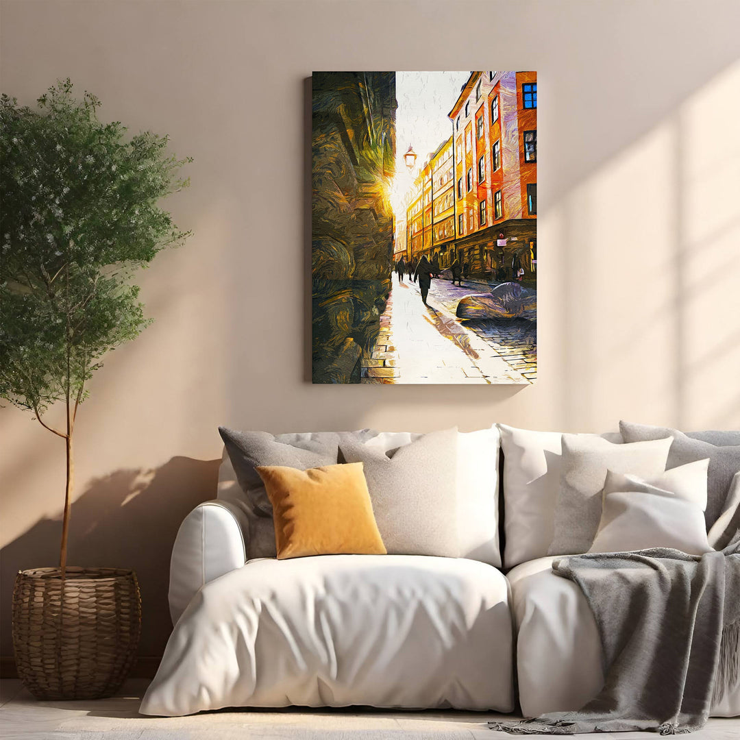 Wadi Home European city street scene wall art with golden sunlight on buildings and cobblestone street.
