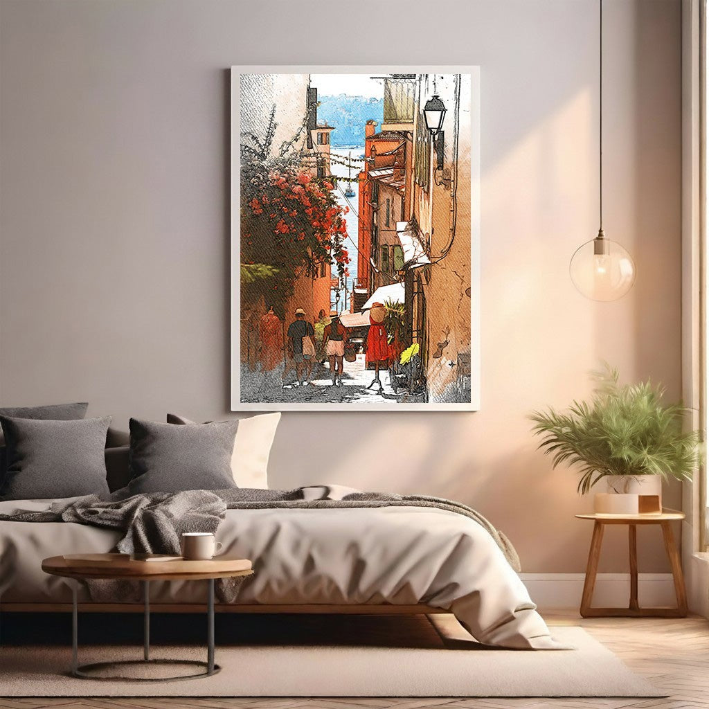 Wadi Home European street scene watercolor art with people walking past shops and flowers.