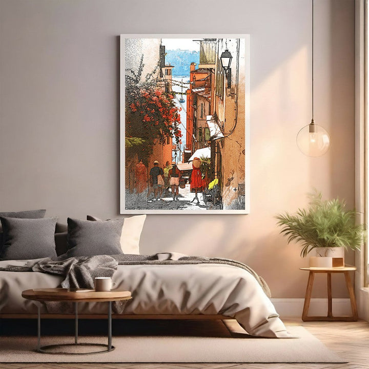 Wadi Home European street scene watercolor art with people walking past shops and flowers.
