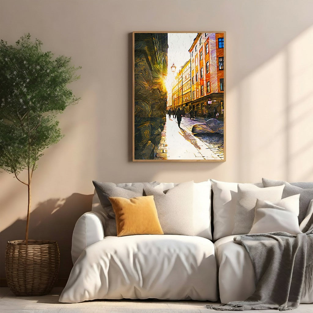 Wadi Home European city street scene wall art with golden sunlight and textured brushstrokes.