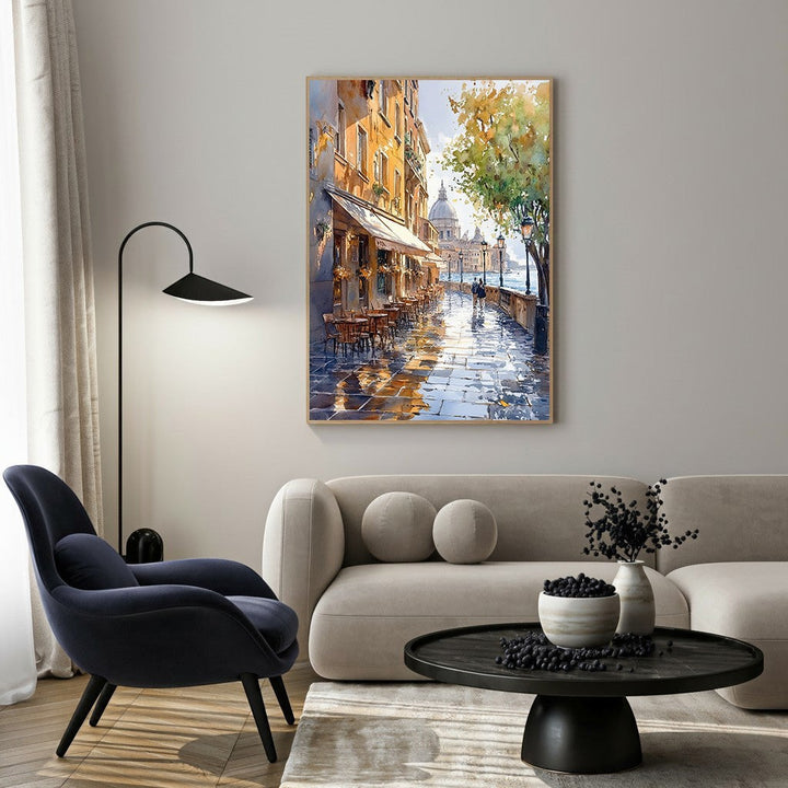 Wadi Home European city street scene watercolor painting with cafe and cobblestones.