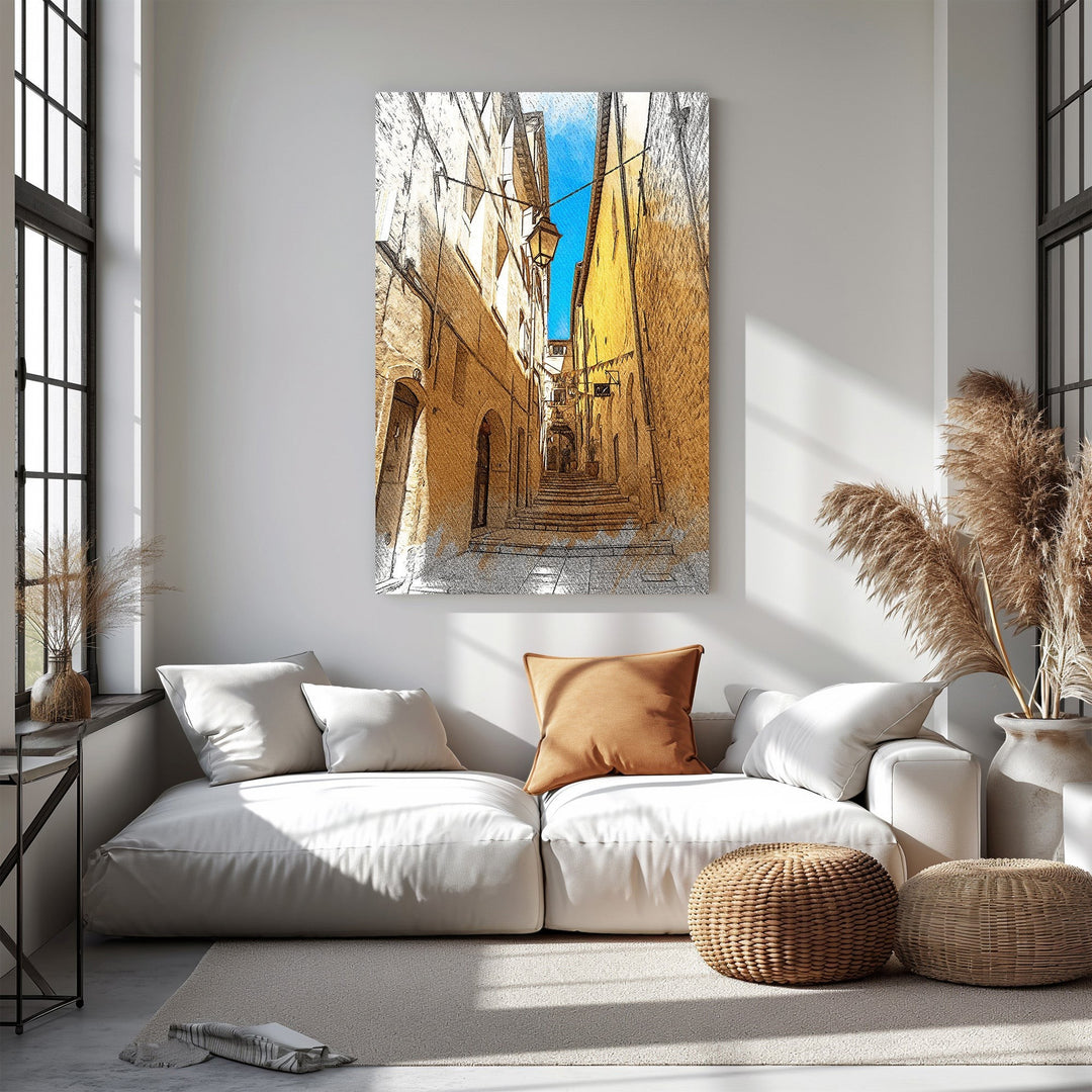 Wadi Home European city street staircase artwork with sketch-like style, featuring yellow buildings and blue sky.