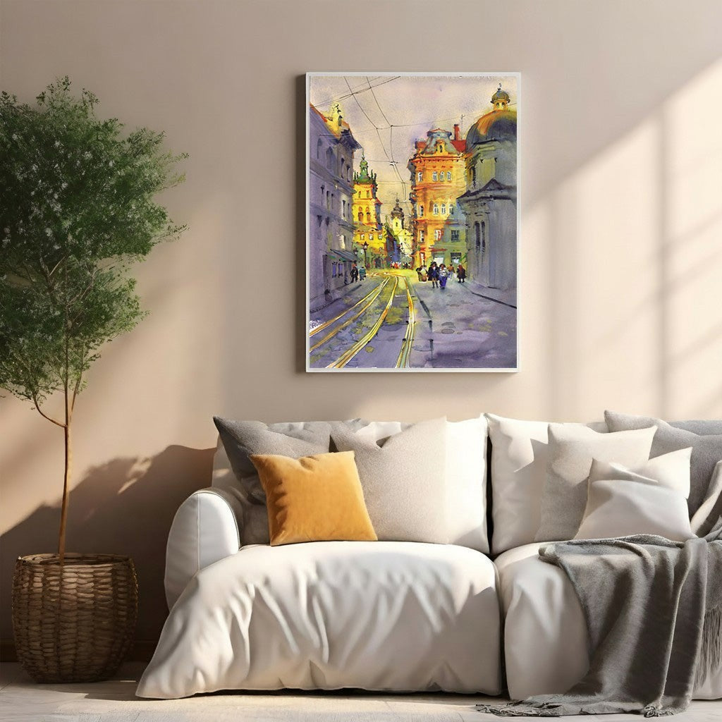 Wadi Home European city street watercolor painting with tram tracks and historic buildings.