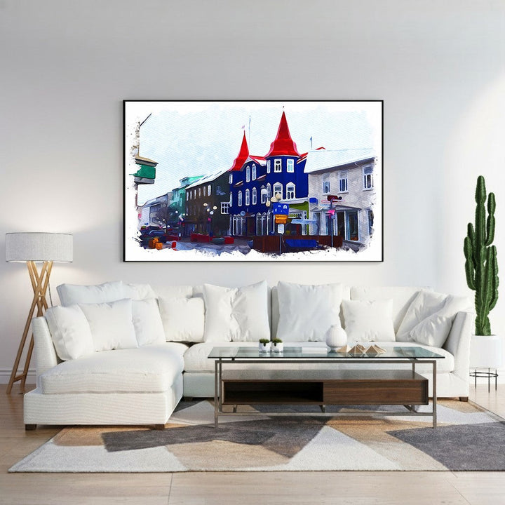 Wadi Home colorful European streetscape watercolor art with blue buildings and red roofs.