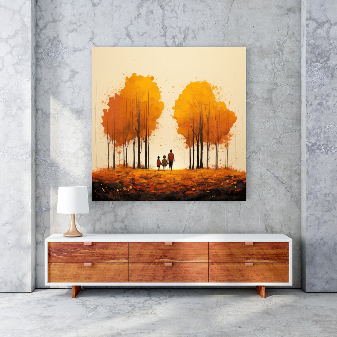 Wadi Home autumn trees wall art featuring a family silhouette walking through golden trees and fallen leaves.