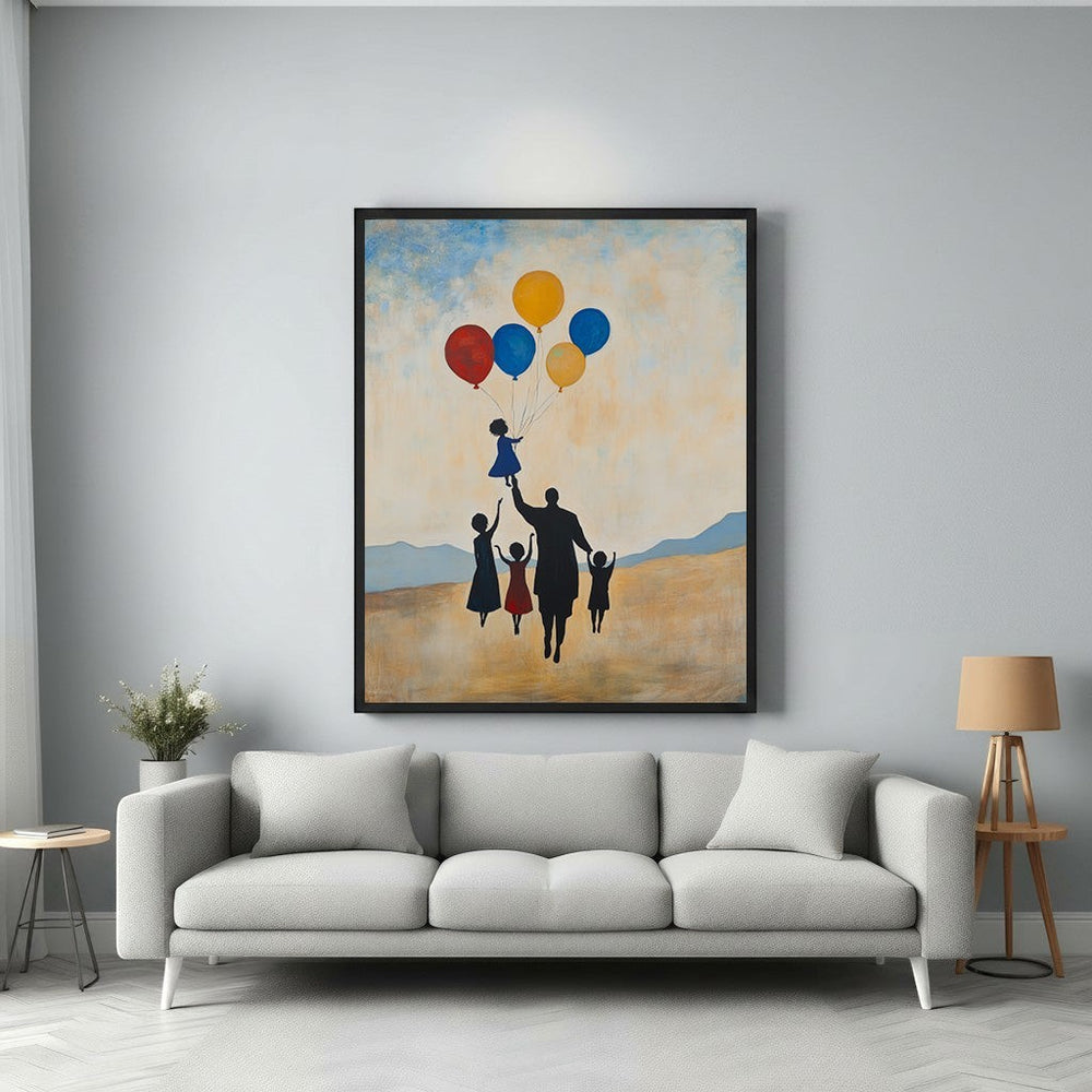 Wadi Home family silhouette with balloons wall art, featuring a family walking with a child lifted by balloons against a landscape.