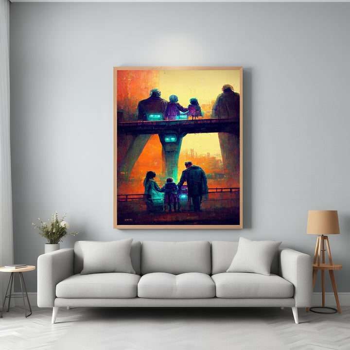 Wadi Home artwork: Family silhouetted on a bridge at sunset, warm oranges and yellows, evoking togetherness.