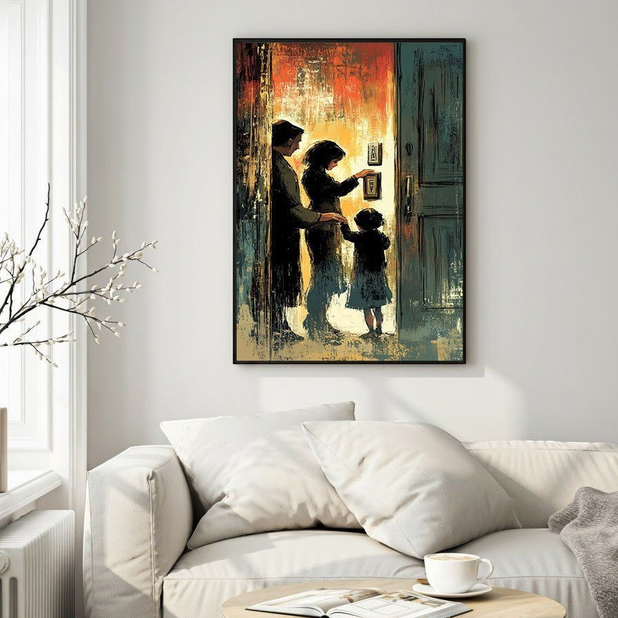 Wadi Home abstract canvas print of a silhouetted family at a doorway, with warm orange and yellow light.