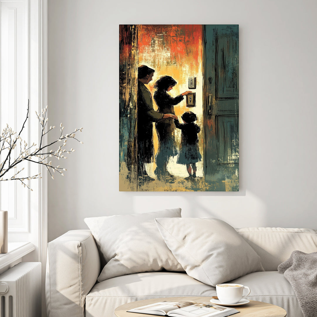 Wadi Home canvas print of a silhouetted family at a doorway, with warm abstract light and textured brushstrokes in orange, blue, and yellow.