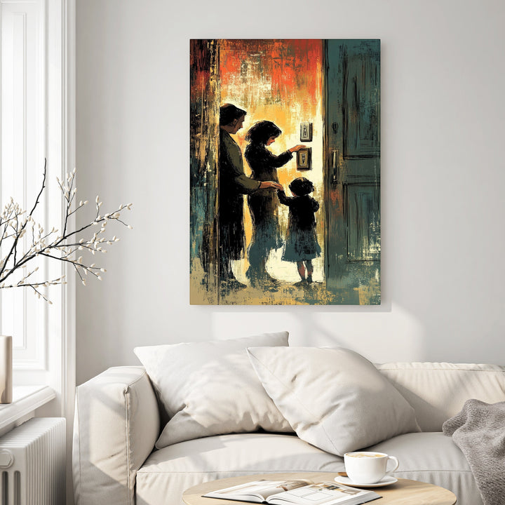 Wadi Home canvas print of a silhouetted family at a doorway, with warm abstract light and textured brushstrokes in orange, blue, and yellow.