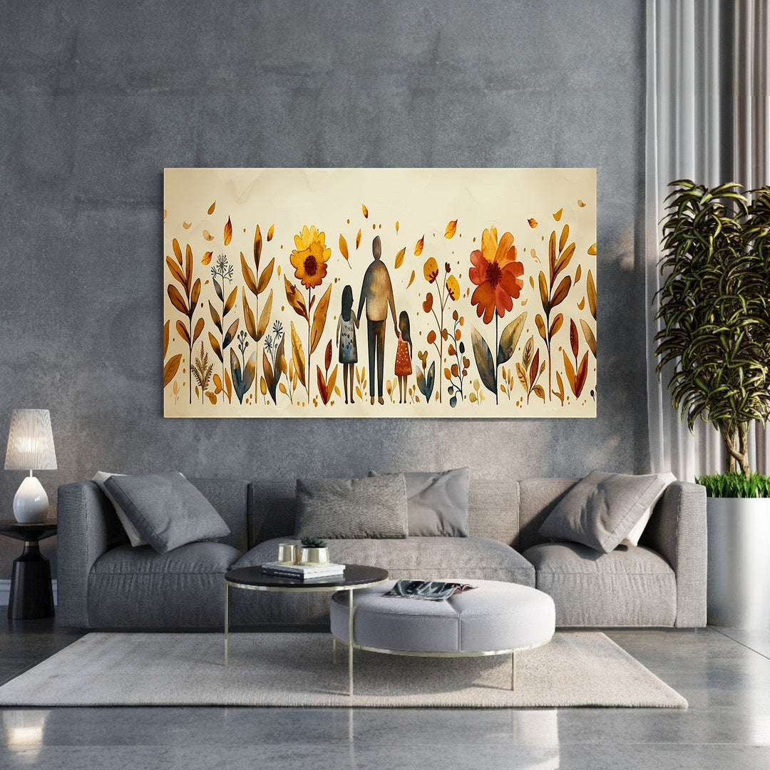 Wadi Home watercolor-style canvas art of a parent holding hands with two children in a vibrant autumnal garden.