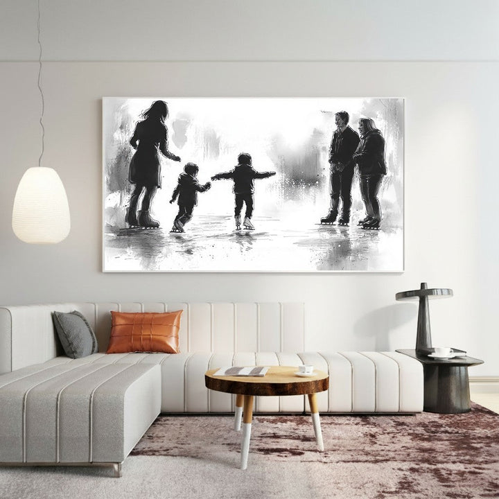 Wadi Home black and white watercolor art print of a family ice skating, capturing a joyful winter moment.