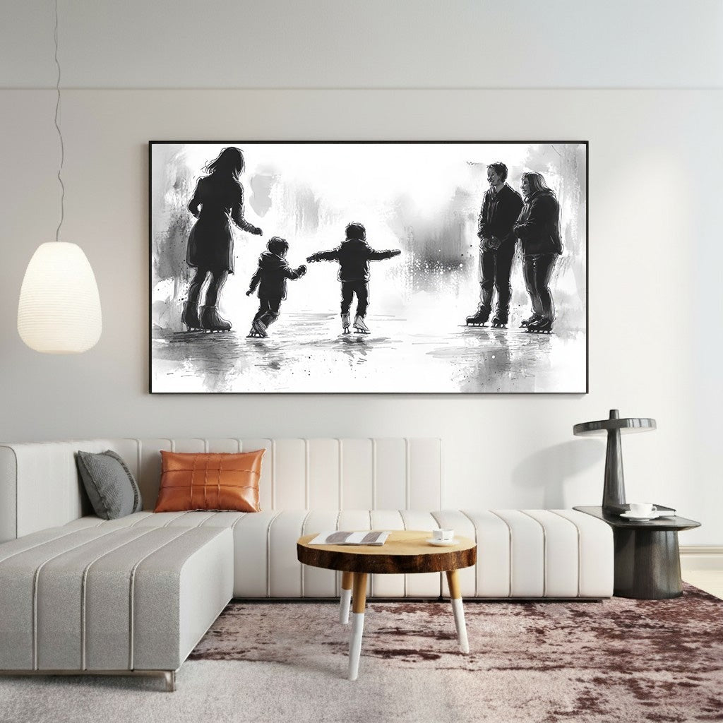Wadi Home black and white watercolor art print of a family ice skating, capturing a joyful winter moment.