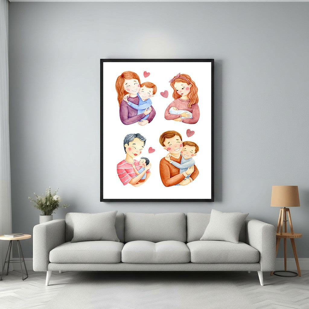 Wadi Home Family Love Collection watercolor art print featuring parents holding children and babies. Soft colors.