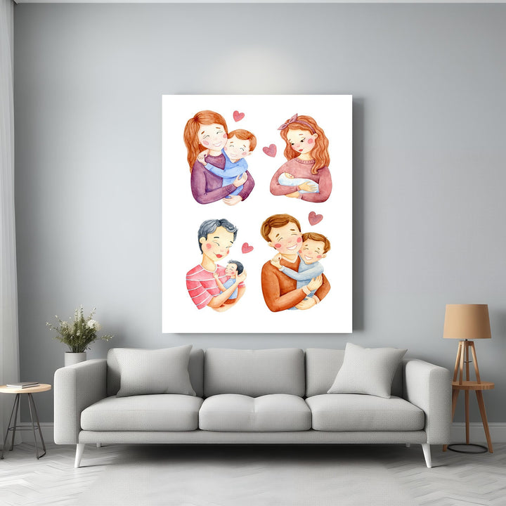 Wadi Home Family Love Collection wall art featuring watercolor illustrations of parents holding children and hearts.