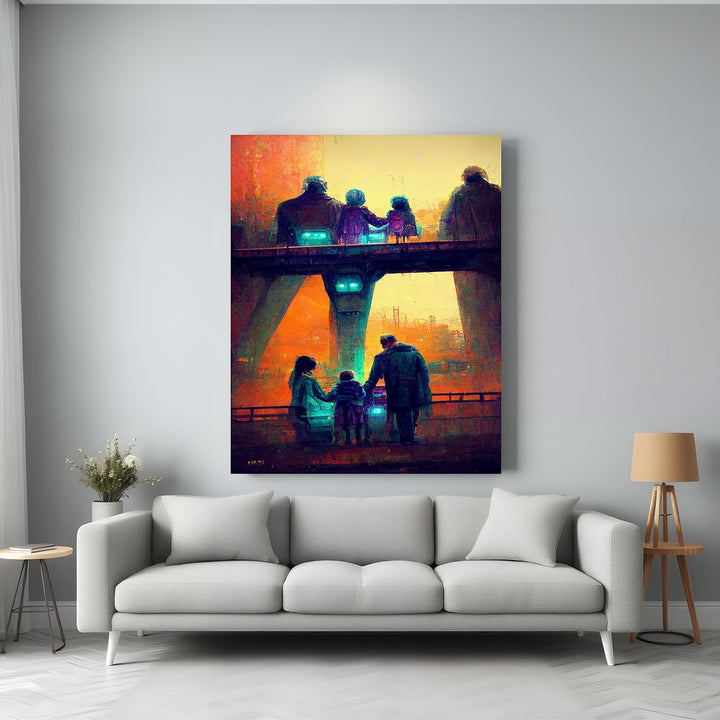 Wadi Home artwork depicting a family silhouetted against a vibrant sunset on a bridge, with warm oranges and yellows.