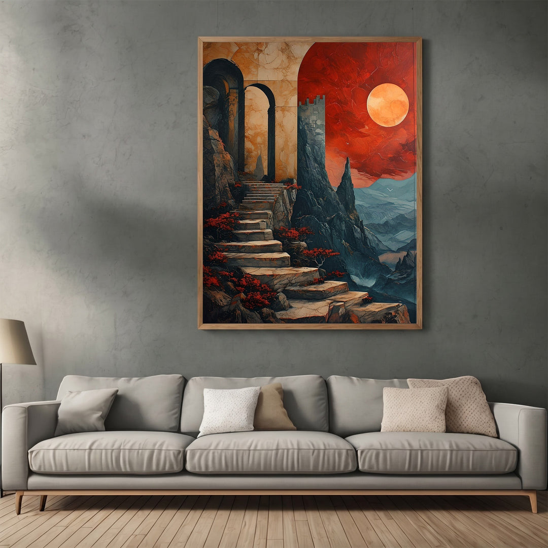 Wadi Home surreal fantasy landscape wall art print featuring a stone staircase and crimson moon above a grey sofa.