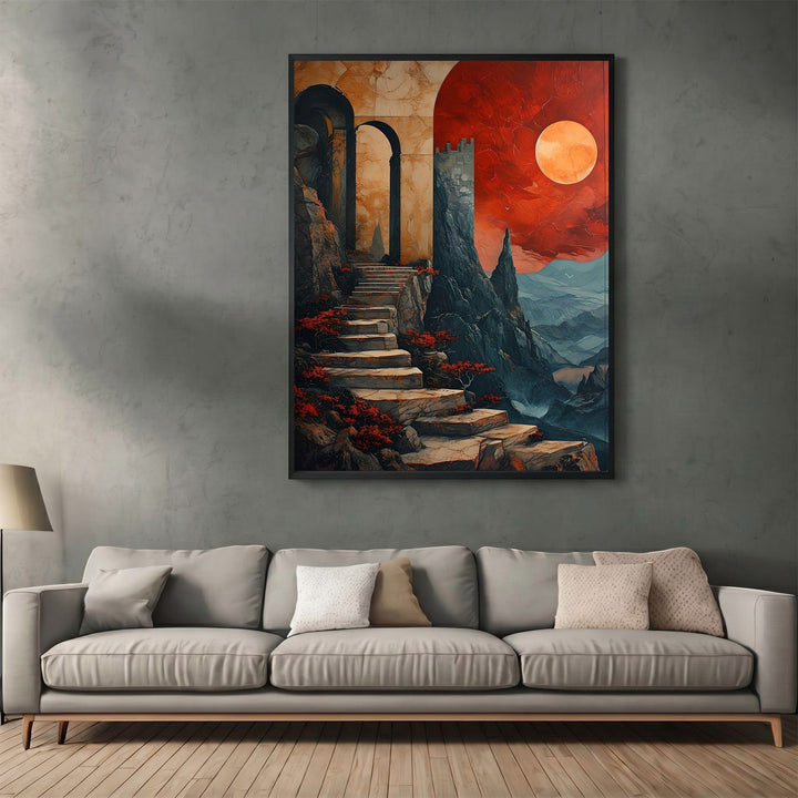Wadi Home surreal fantasy landscape wall art print featuring a stone staircase and crimson moon above a modern sofa.