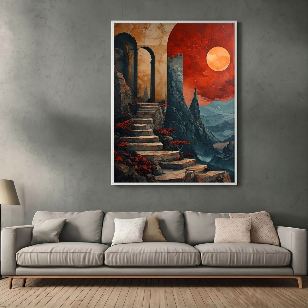 Wadi Home surreal fantasy landscape wall art print featuring a stone staircase and crimson moon above a grey sofa.