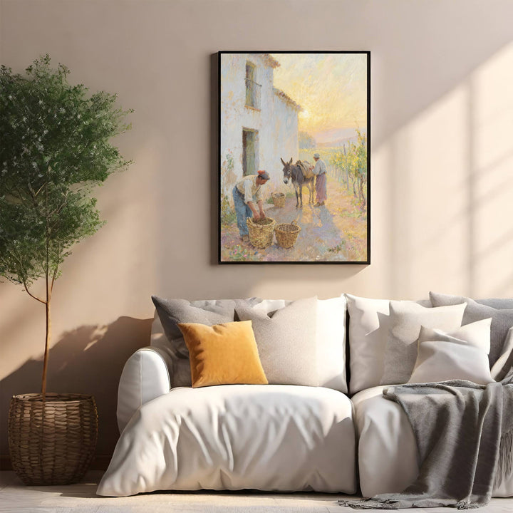 Wadi Home painting of a rustic farmhouse scene at sunset with a donkey and two figures gathering harvest in baskets.