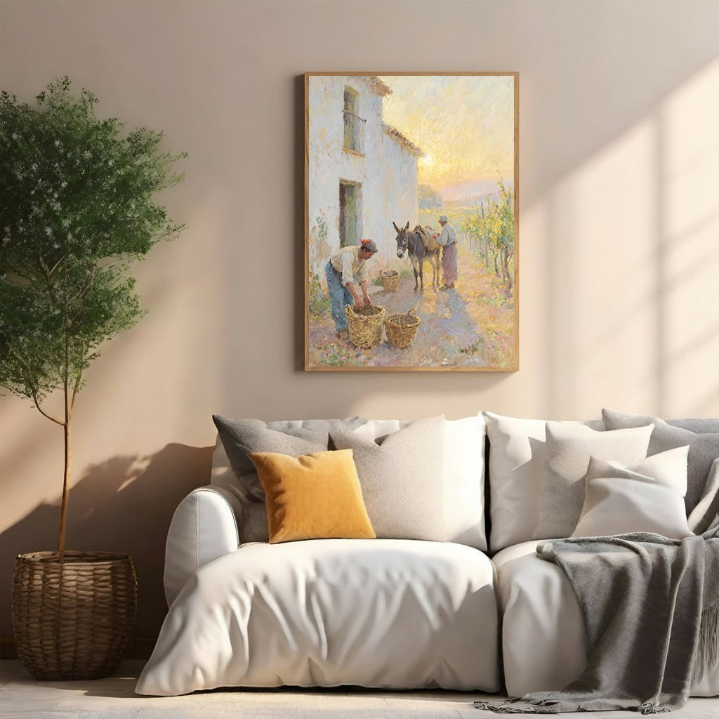 Wadi Home rustic farmhouse scene painting with donkey at sunset, warm golden light, peaceful atmosphere.