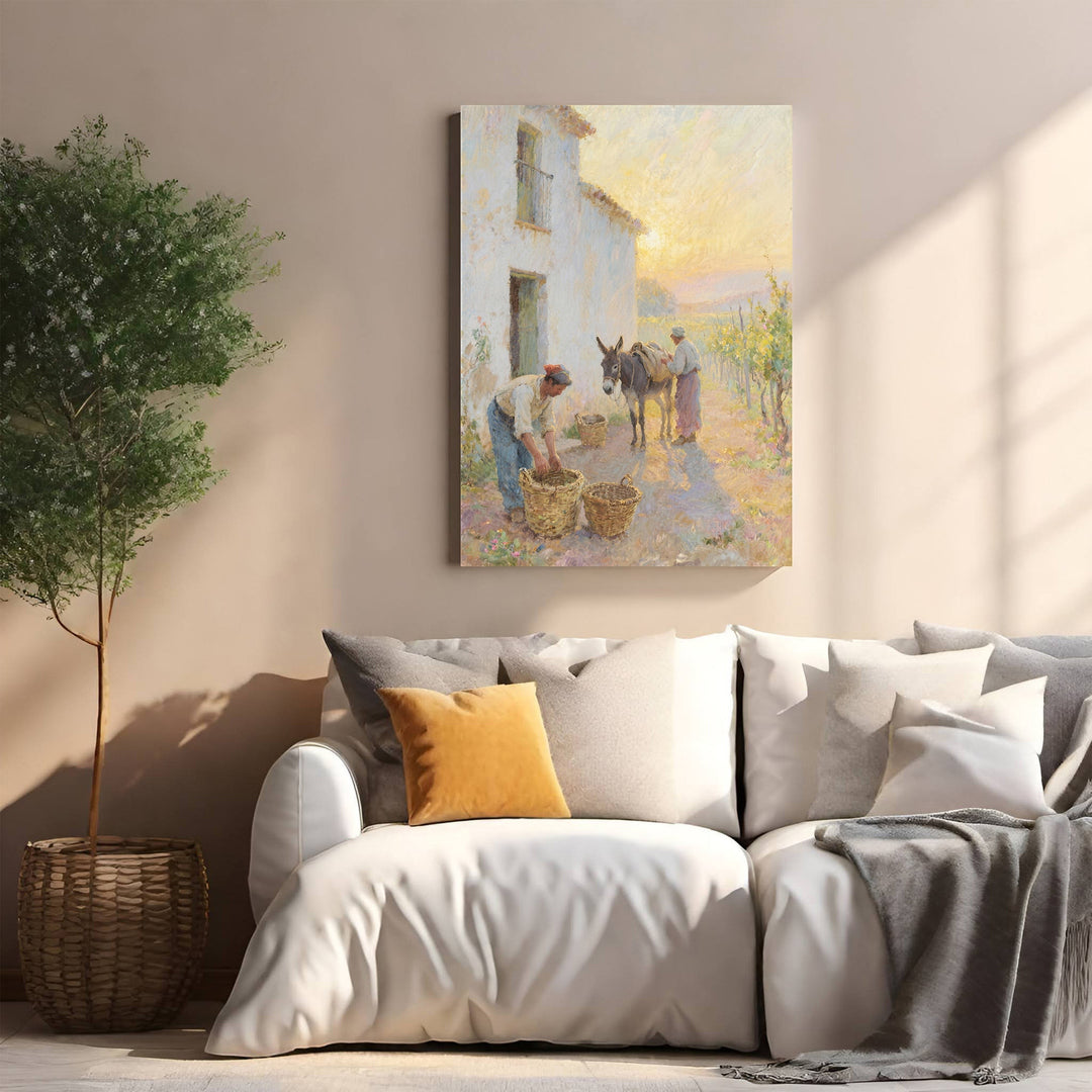 Wadi Home painting of a rustic farmhouse scene at sunset with a donkey and two figures gathering harvest in baskets.