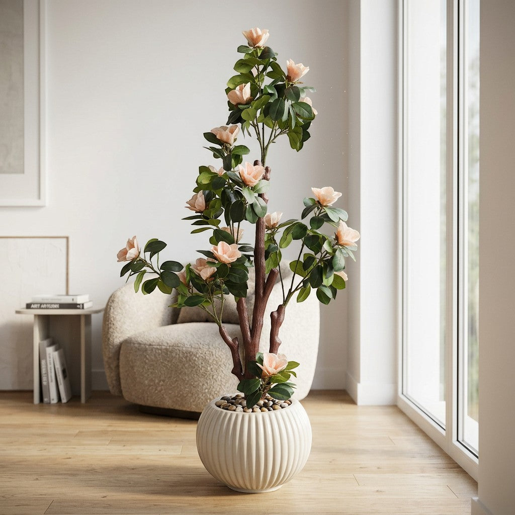 Wadi Home faux tree with soft peach blossoms and green leaves in a ribbed white planter.