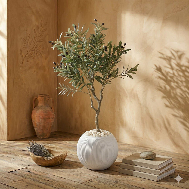Wadi Home faux olive tree with realistic green leaves and dark olives in a textured white planter with white stones.
