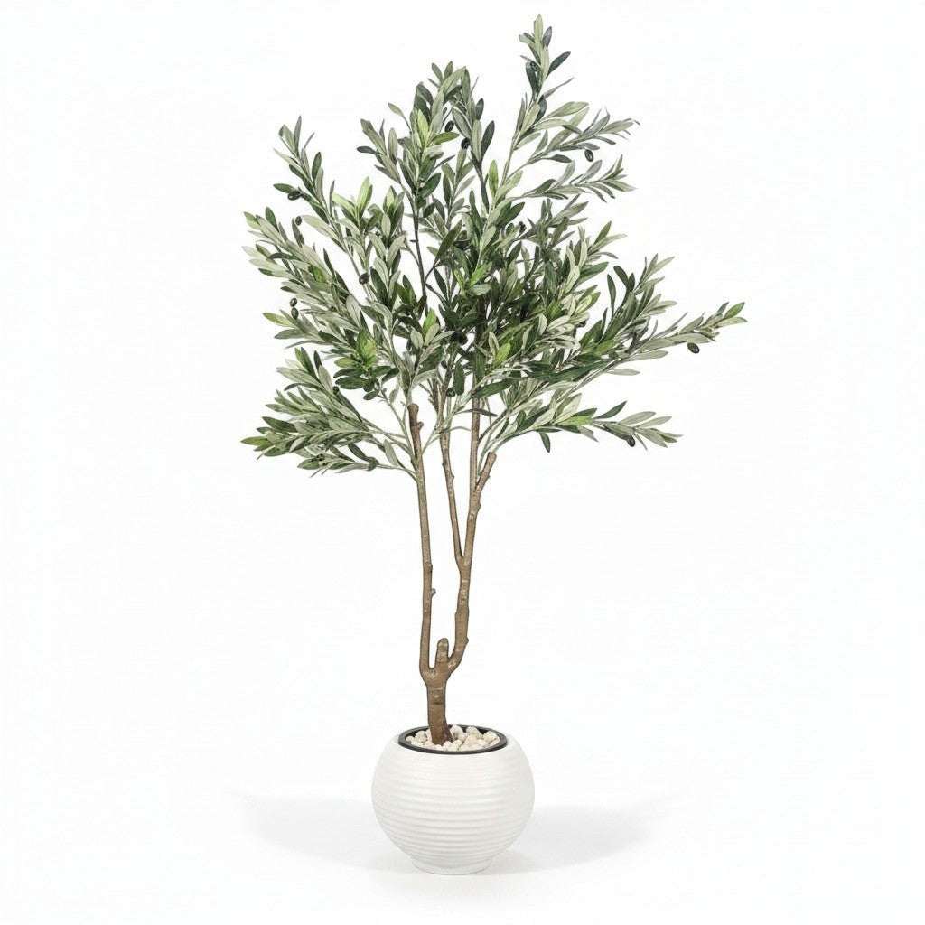 Wadi Home faux olive tree with realistic green leaves and olives in a textured white pot.