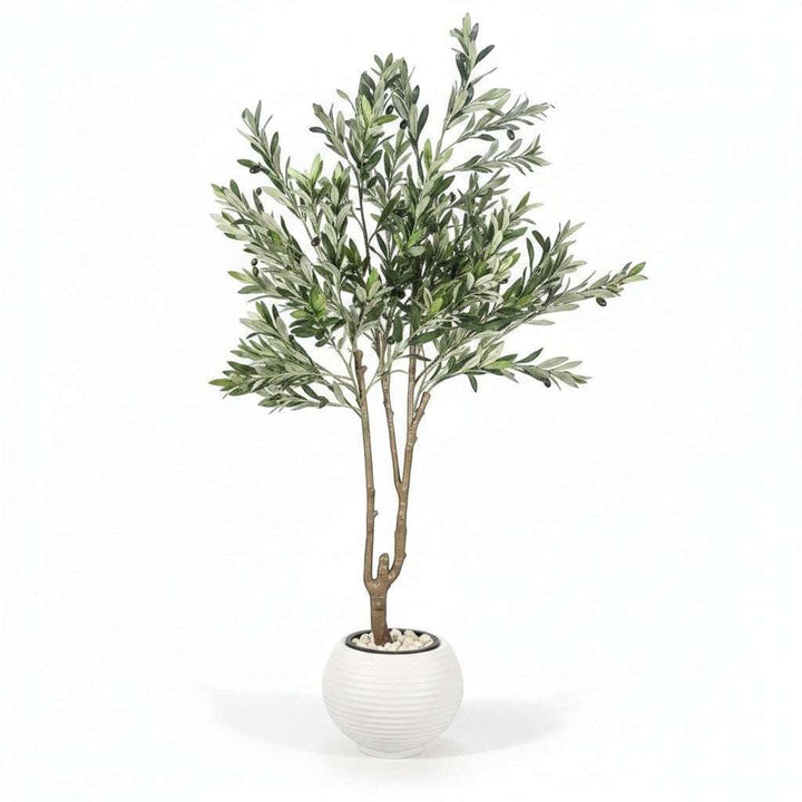 Wadi Home faux olive tree with realistic green leaves and olives in a textured white pot.