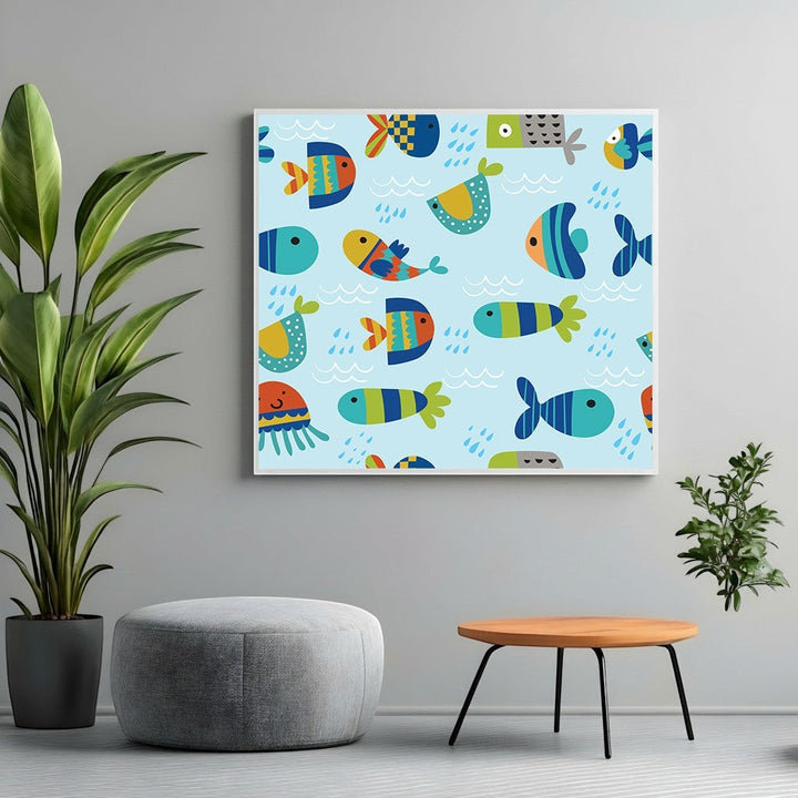 Wadi Home framed wall art featuring a playful, colorful fish pattern on a light blue background in a modern room.