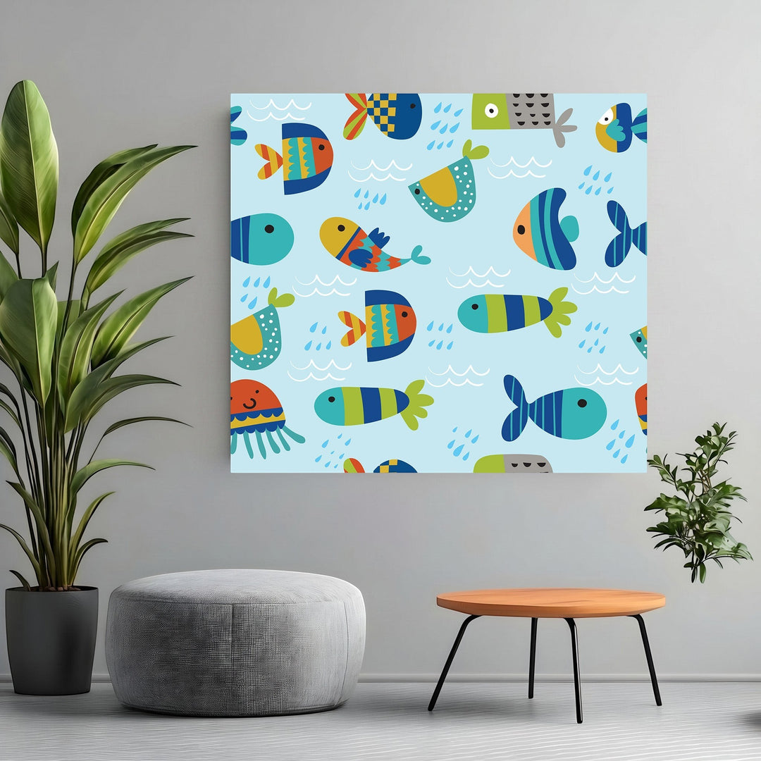 Wadi Home framed wall art featuring a playful, colorful fish pattern on a light blue background in a modern room.