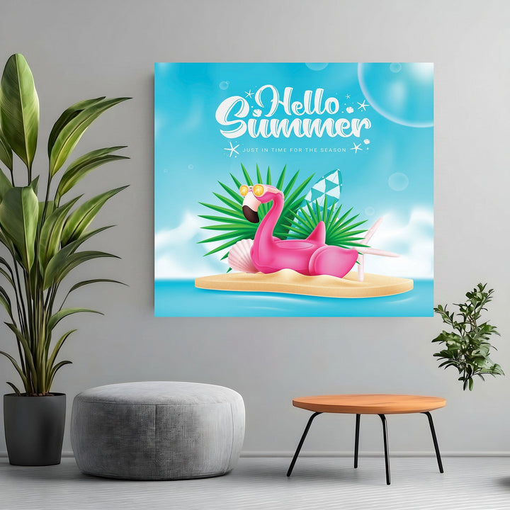 Wadi Home Hello Summer flamingo wall art print featuring a pink flamingo with sunglasses on a tropical beach background.