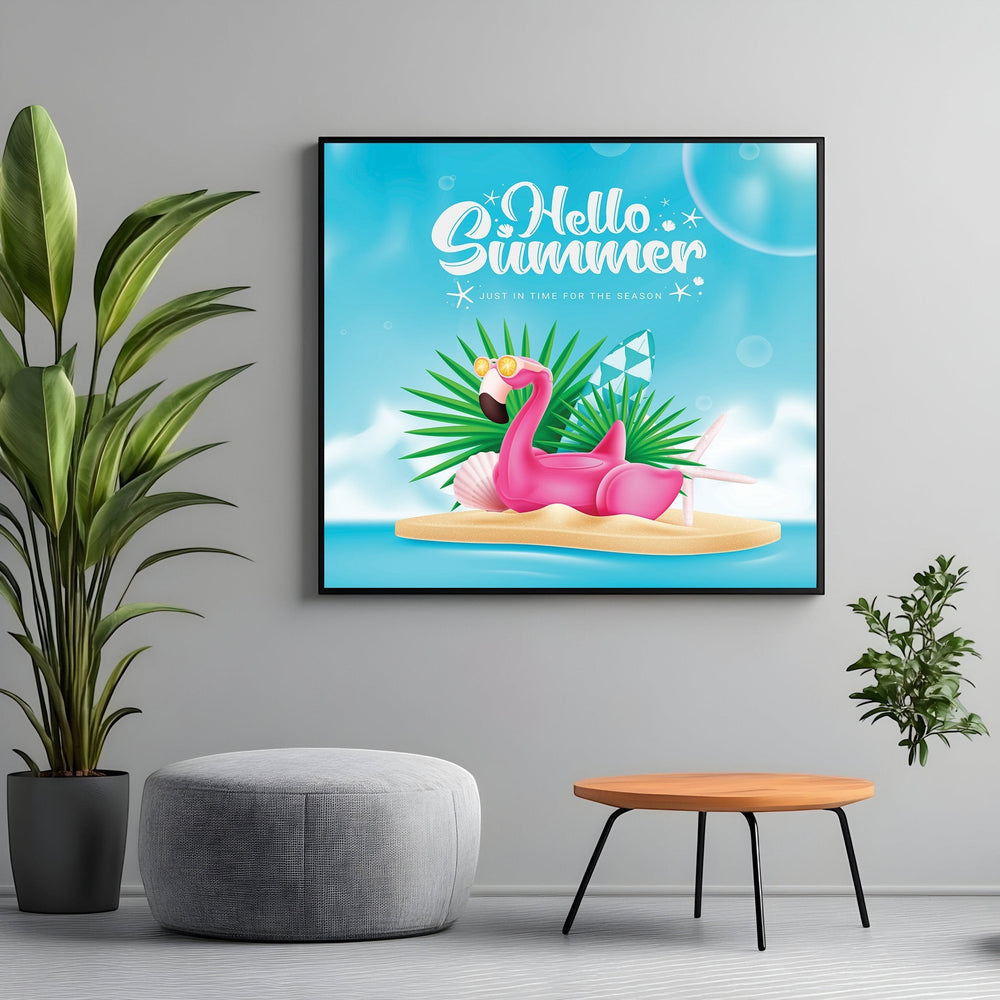 Wadi Home Hello Summer flamingo wall art print featuring a pink flamingo on a sandy island against a bright blue background