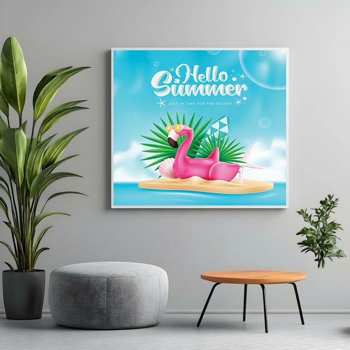 Wadi Home Hello Summer flamingo wall art print featuring a pink flamingo with sunglasses on a tropical beach background