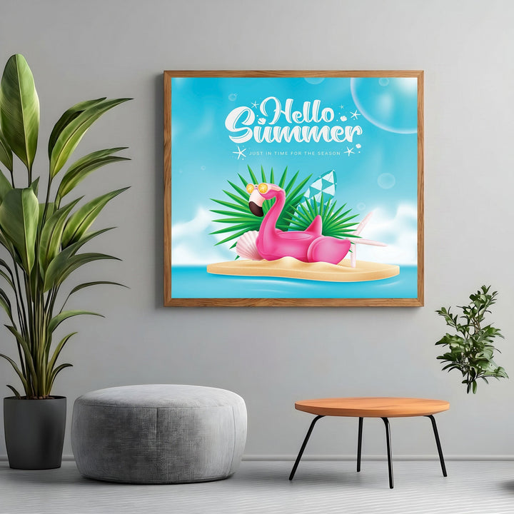 Wadi Home Hello Summer flamingo wall art print in a wooden frame hanging on a grey wall above a stool and side table.
