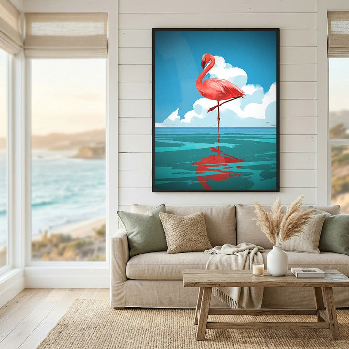 Wadi Home flamingo wall art print featuring a vibrant pink bird in blue water, displayed in a modern living room.