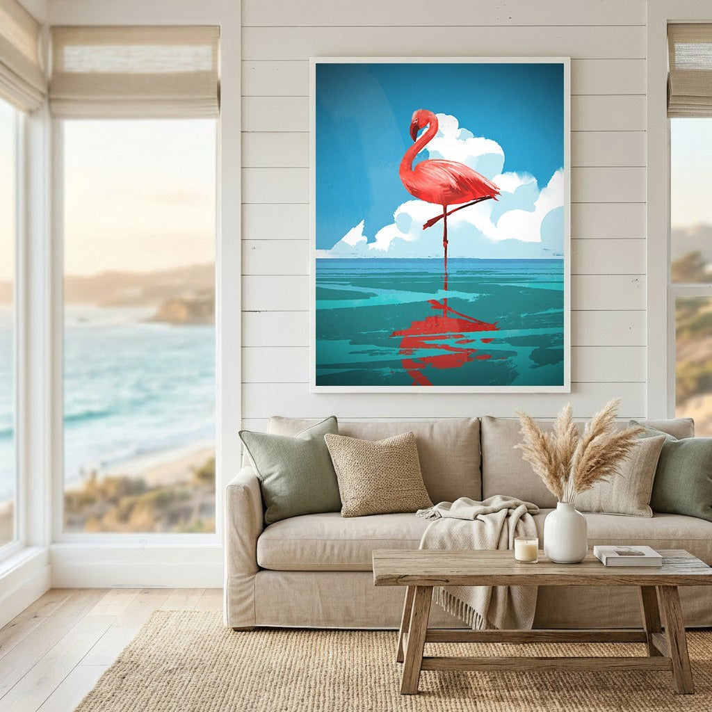Wadi Home flamingo wall art print featuring a vibrant pink bird in blue water, displayed in a modern coastal living room.